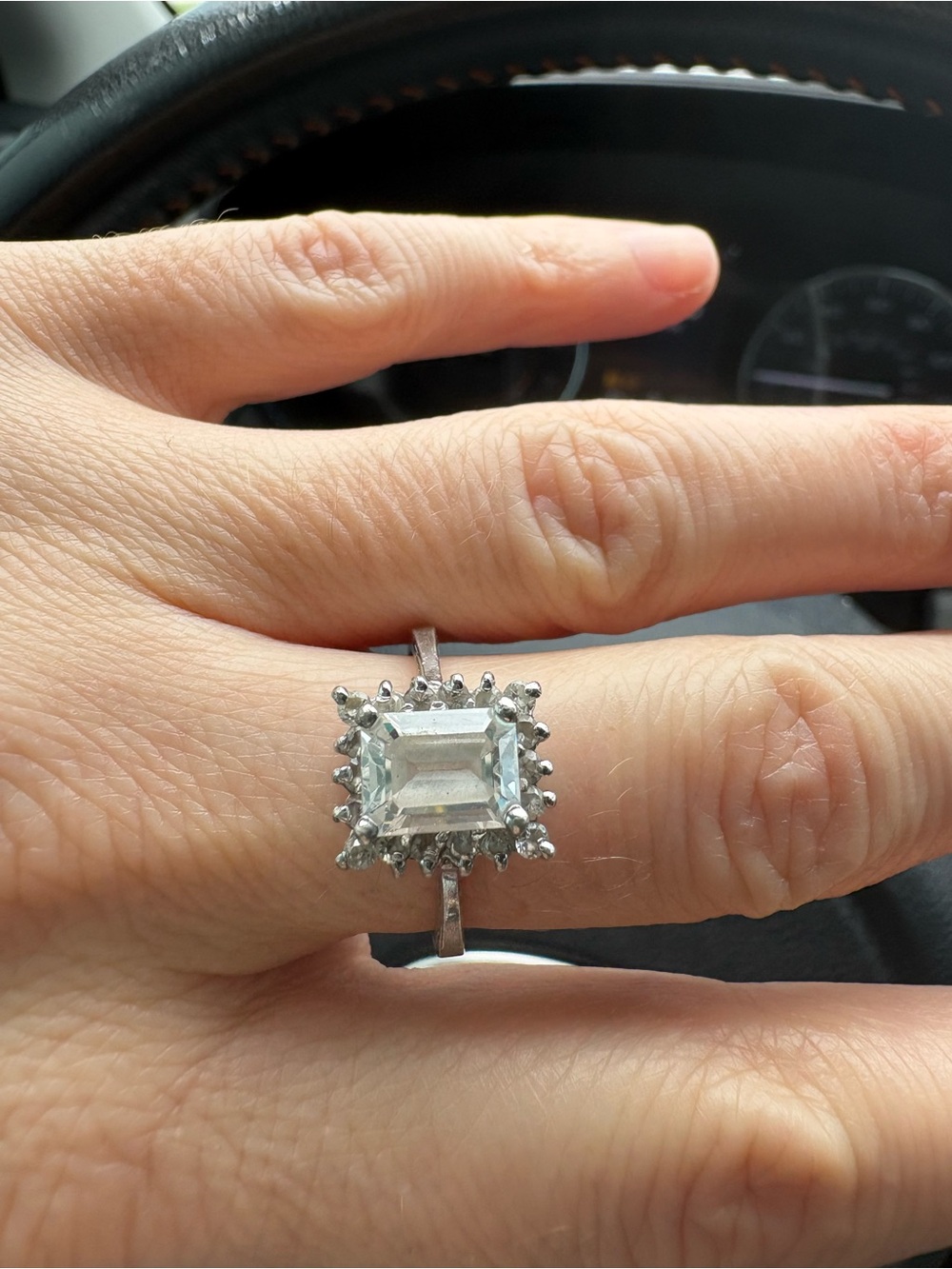 Silver-Tone Emerald-Cut Halo Ring with Clear Center Stone